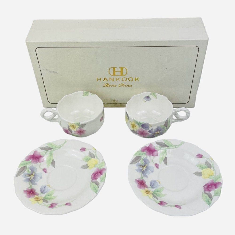Hankook Bone China England Original Tech Teacup Saucers 2 Sets Korea NIB Floral